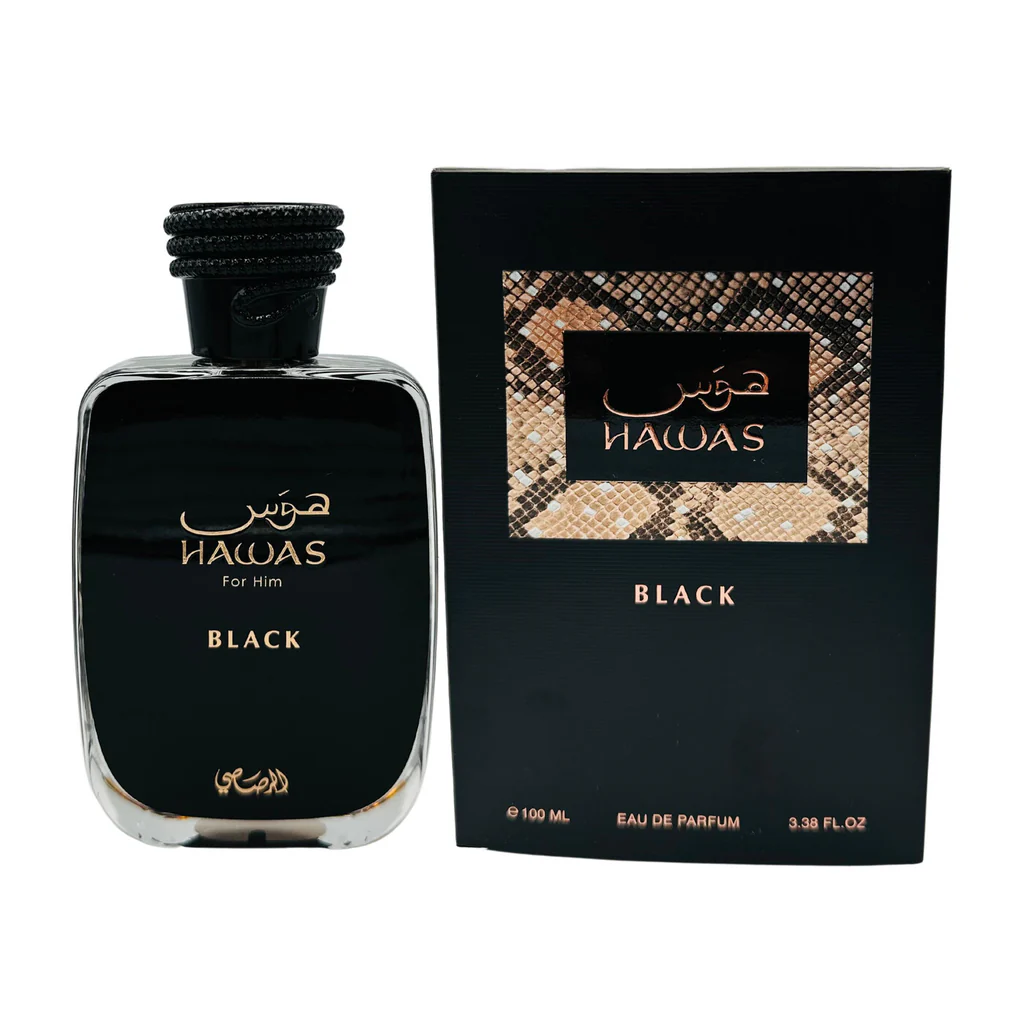 Hawas Black men's perfume bottle with citrus and woody notes, 100ml.